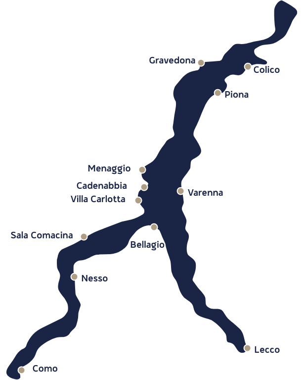 mappa del lago di como con le principali località e paesi di interesse