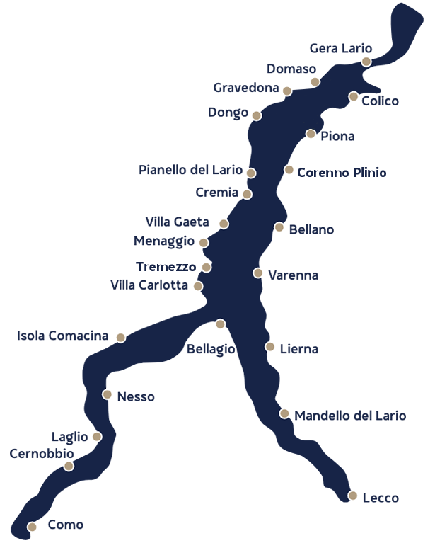 Stylized map of Lake Como with main locations